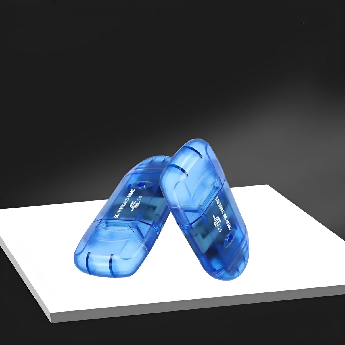 Creative transparent USB card reader with LED light option and included card holder.