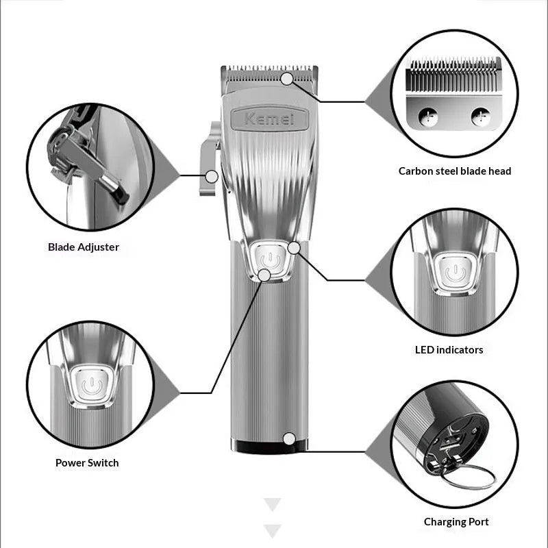 Noise-reducing electric clipper KM-K32 with eight limiting combs, USB cable, cleaning brush, and lubricant for quiet oil head carving