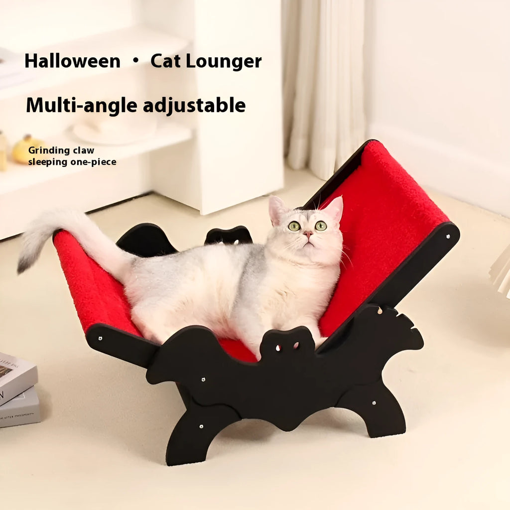Black and red wooden cat lounge chair with bat-shaped decorative elements for Halloween themes