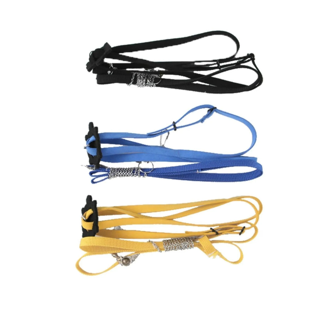 Yellow adjustable turtle vest harness with bell and traction rope on a small pet turtle