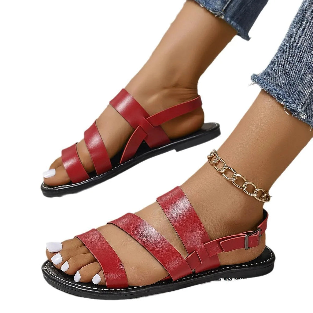 Women's retro buckle beach slippers in black, red, creamy-white, brown, or blue with PU upper and rubber sole