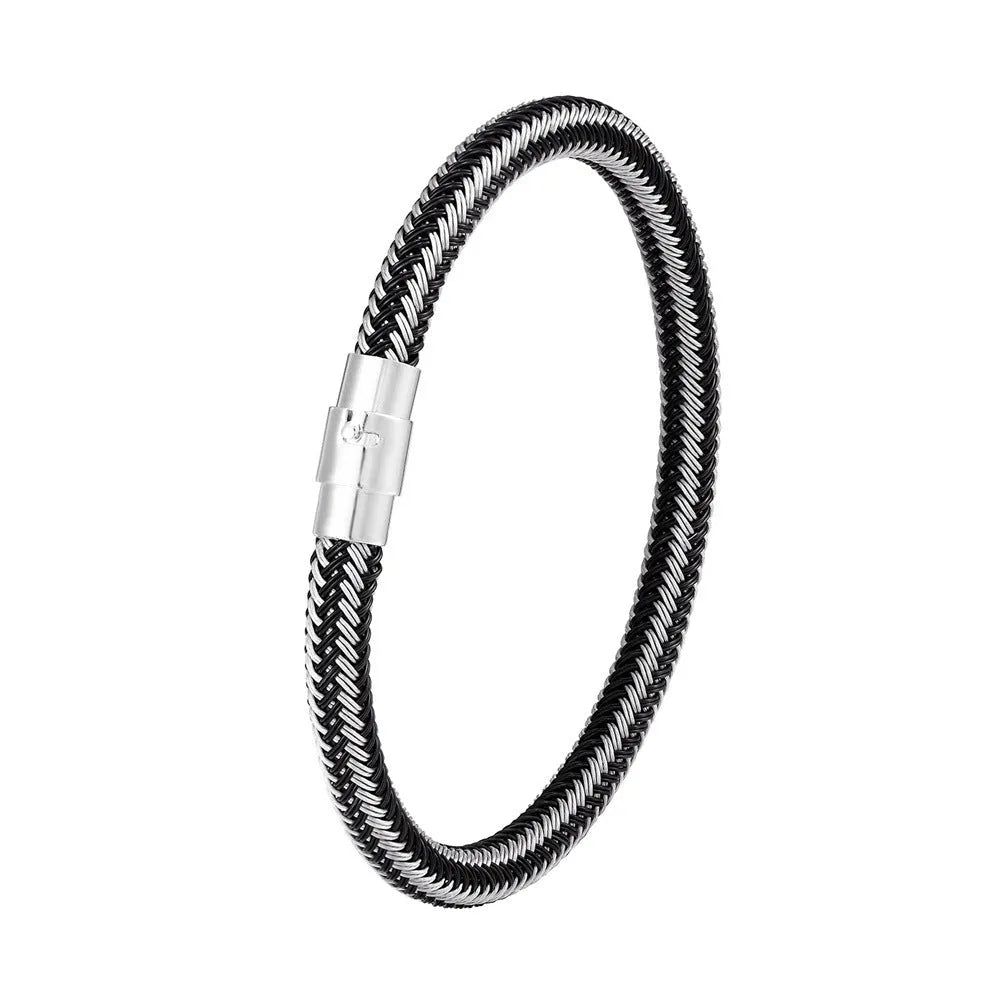 Geometric titanium steel men's bracelet with a magnet socket for charms, shown in a silver finish.