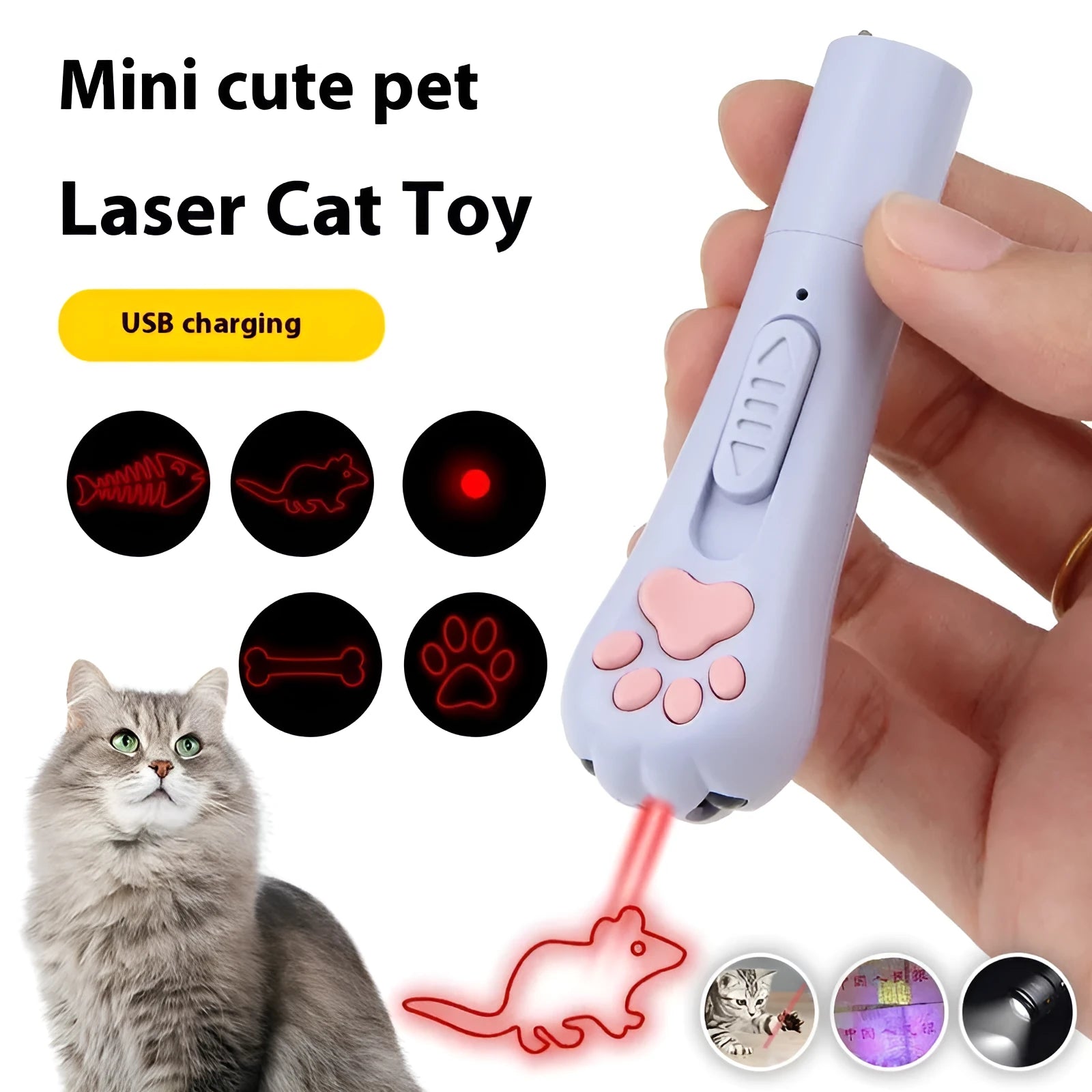 Infrared cat teasing stick toy showing multiple colour options and laser light patterns for pet play.