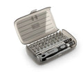 32-in-1 screwdriver set with bits organised in a compact neutral-coloured plastic case