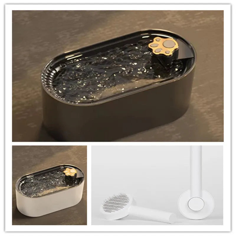Berlin blue automatic pet water fountain with filter on a kitchen floor.