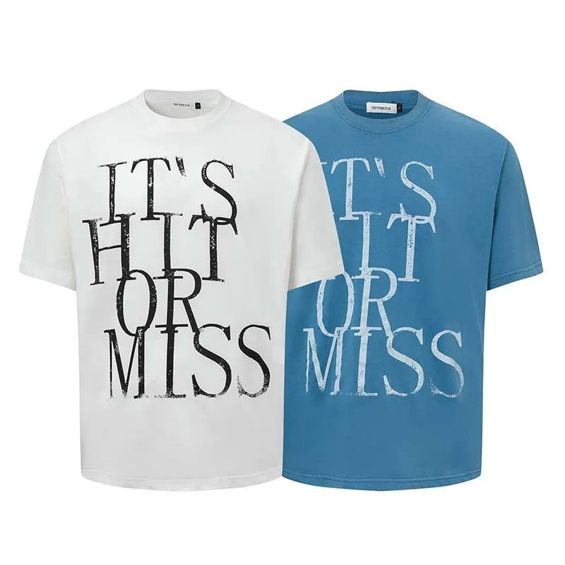 Men's loose blue t-shirt with American-style white letter print on the front.