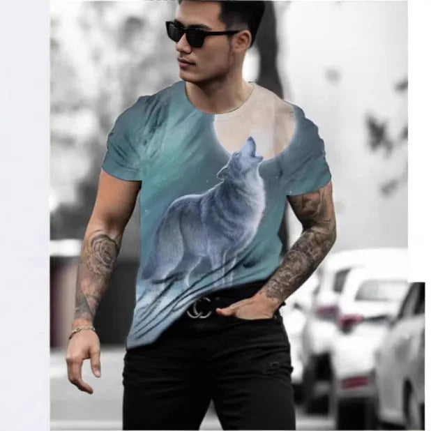 Retro 3D animal graphic printed on a man's thin, light grey short-sleeved T-shirt.