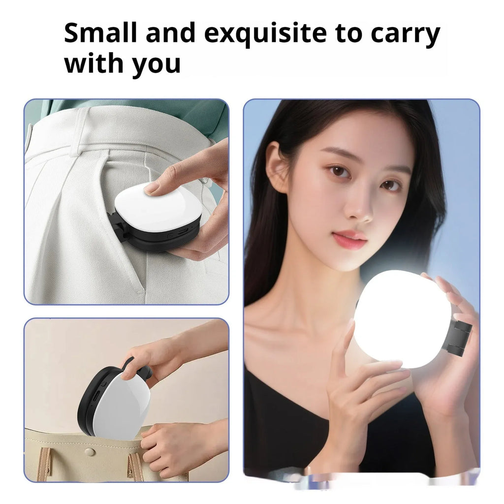 Black and white mobile phone magnetic fill light with adjustable colour temperature and phone holder