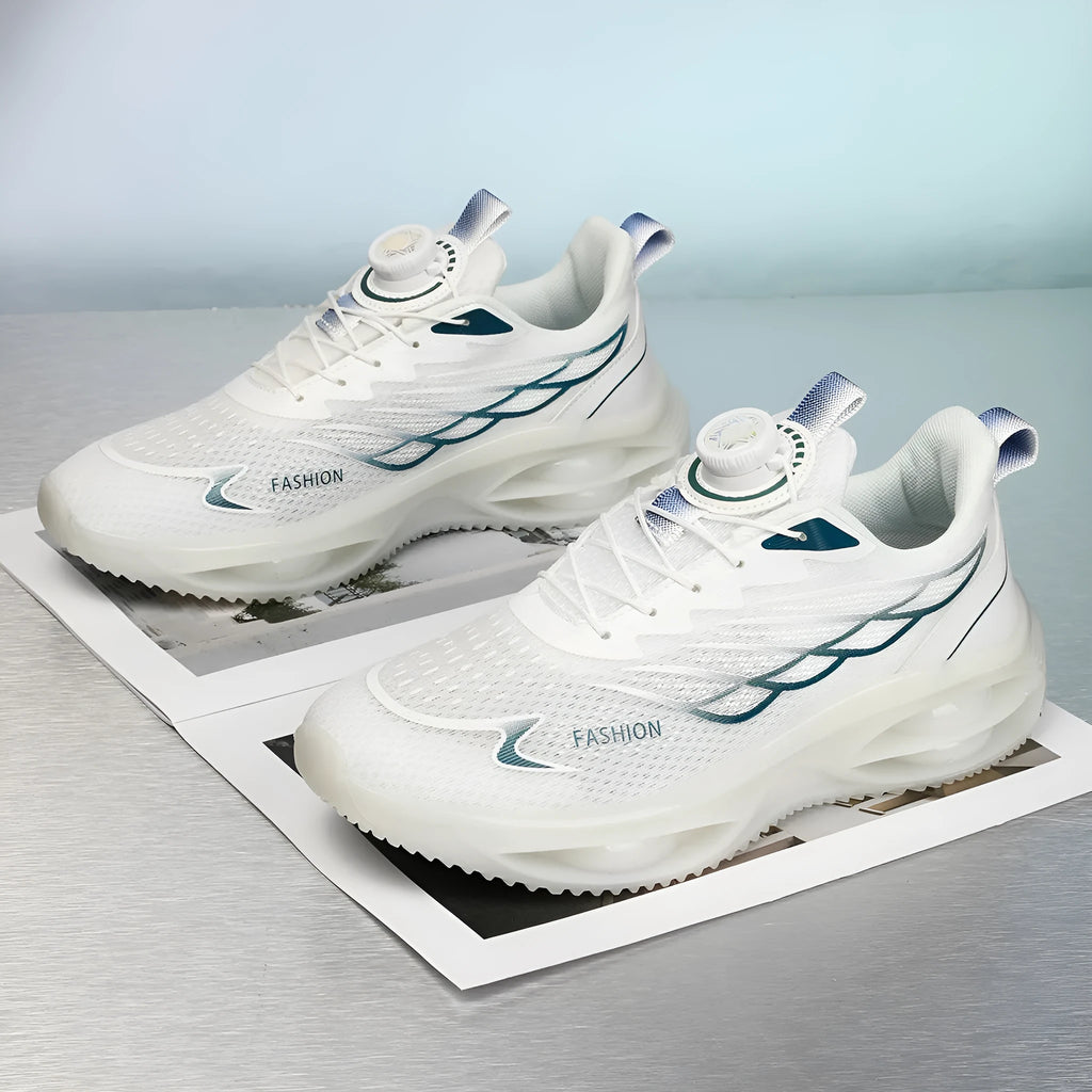 Casual breathable running shoes in sky blue, black gold, or white colours with rubber sole and lace-up closure