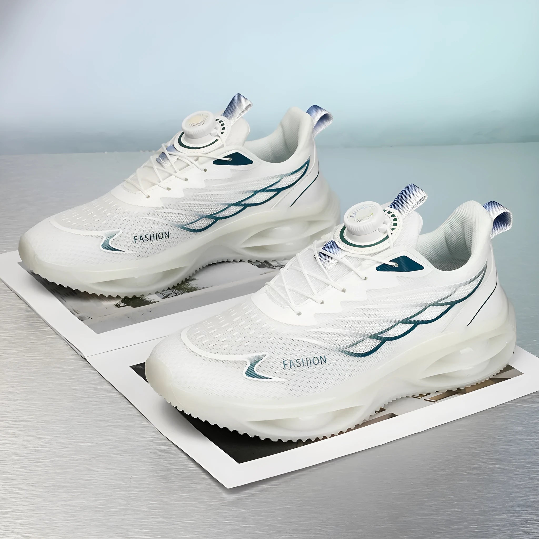 Casual breathable running shoes in sky blue, black gold, or white colours with rubber sole and lace-up closure