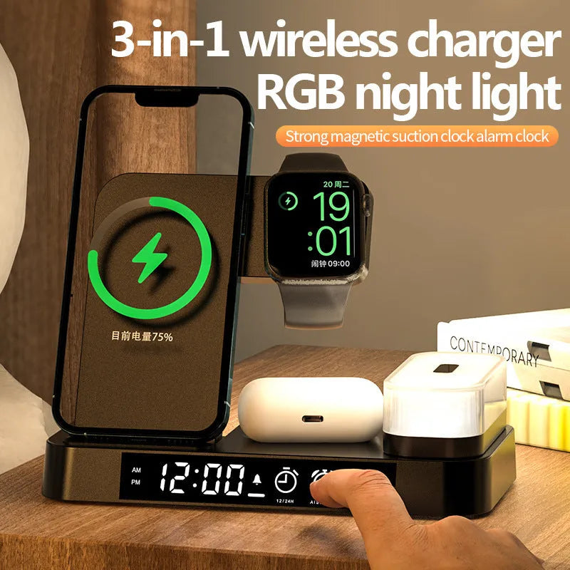 Foldable wireless charging station showing alarm clock display, RGB night light, and phone charging surface