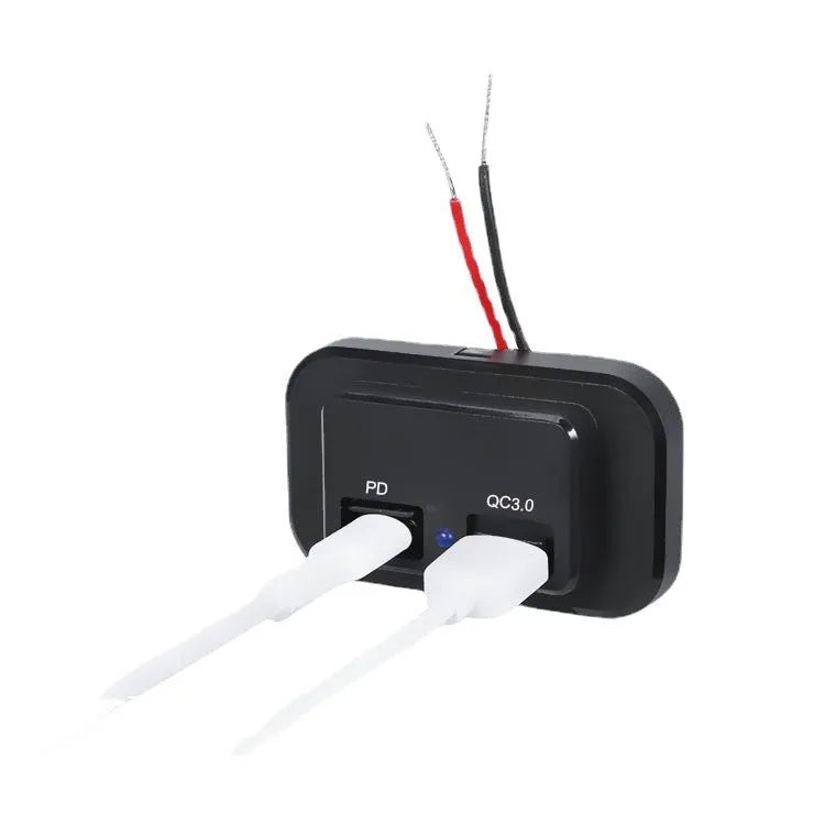 Black QC3.0 fast car charger with TYPE-C port for 36W charging from a 12V car socket