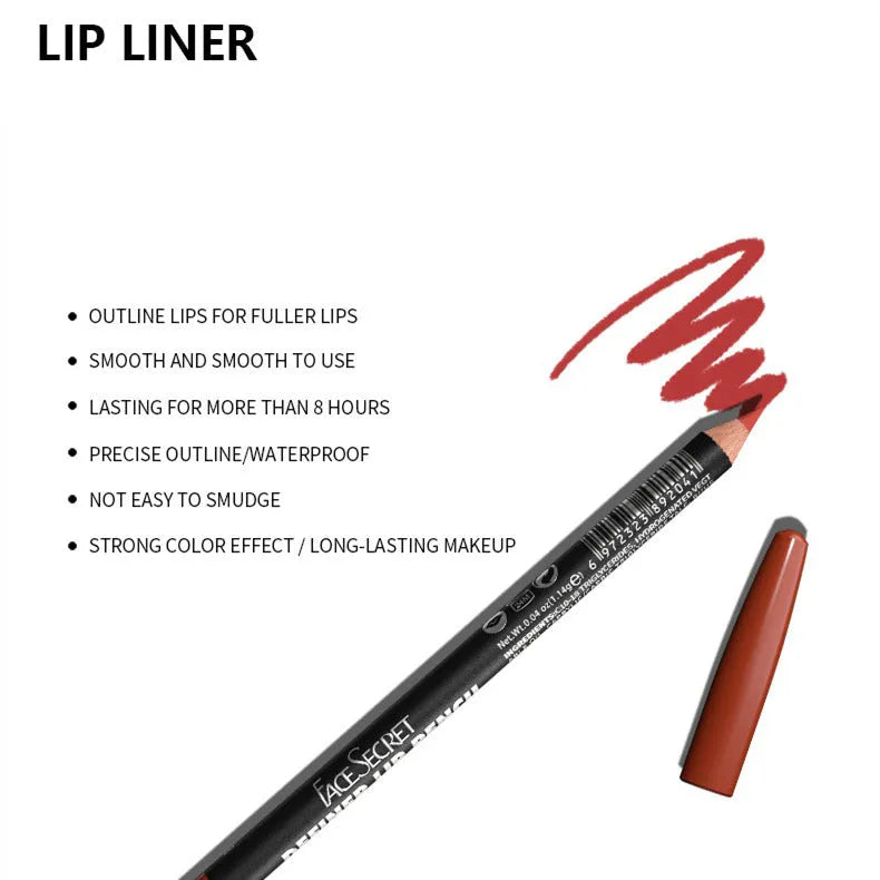 Matte wood lip liner pencil in silver casing with 14 numbered shades from 201 to 214