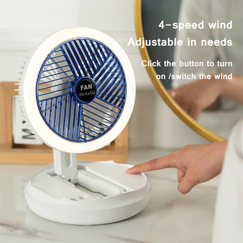 Blue foldable USB charging fan with LED light showing desk and wall mounting options