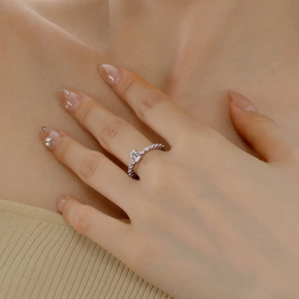Round diamond ring for women in silver with white gold colour electroplated finish, sizes 5 to 9