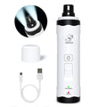 White handheld electric dog nail grinder with LCD display showing speed settings and dust collection compartment