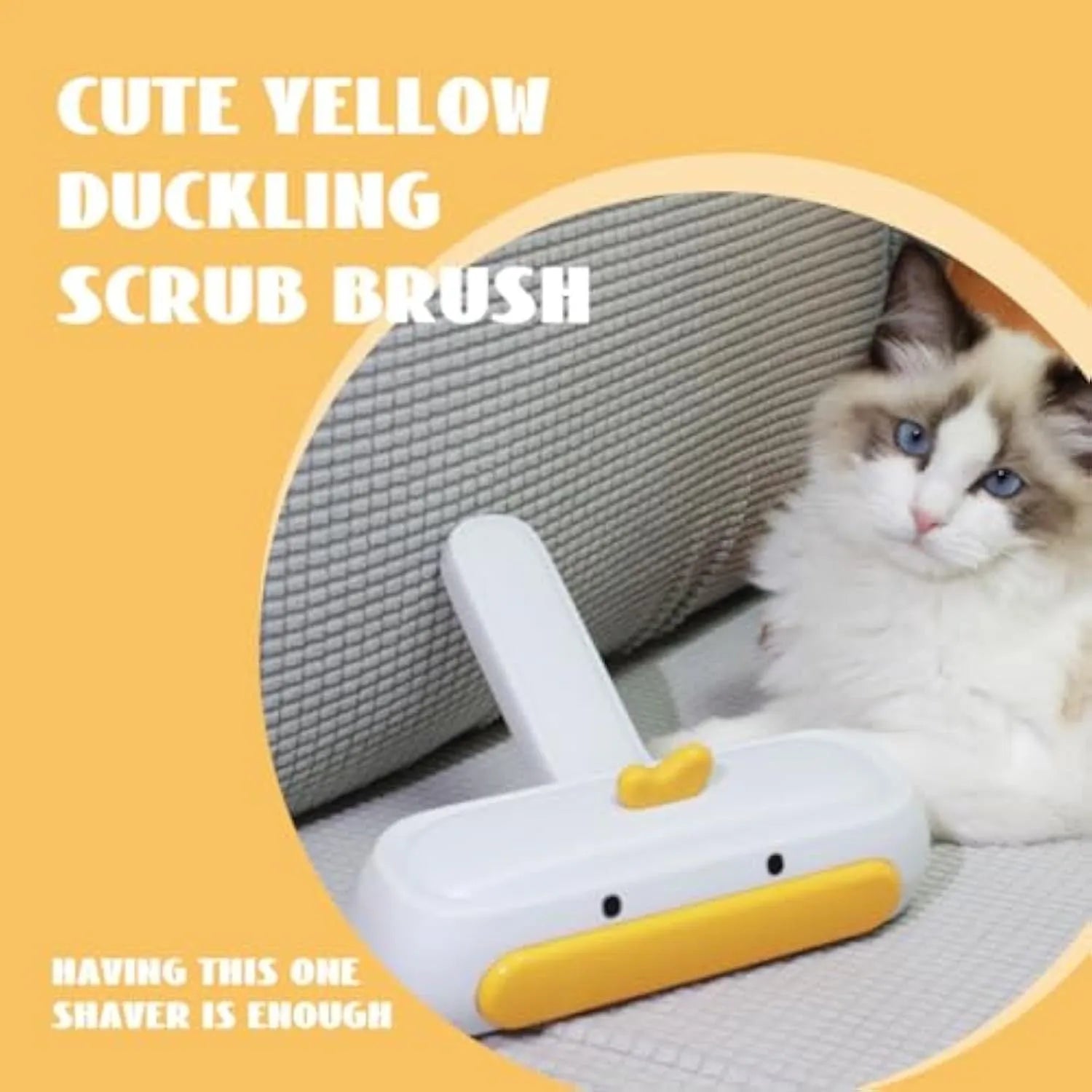 Yellow duck design portable pet hair remover tool with polyester bristles on white background.