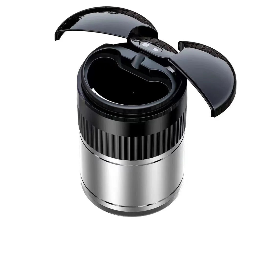 Compact metal smart car ashtray with lid in choice of colours for vehicle and home use.