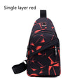 Blue print sling chest crossbody bag for men with an earphone hole and zipper opening.