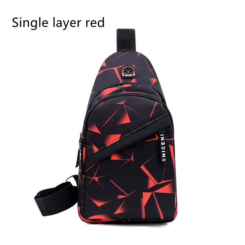 Blue print sling chest crossbody bag for men with an earphone hole and zipper opening.