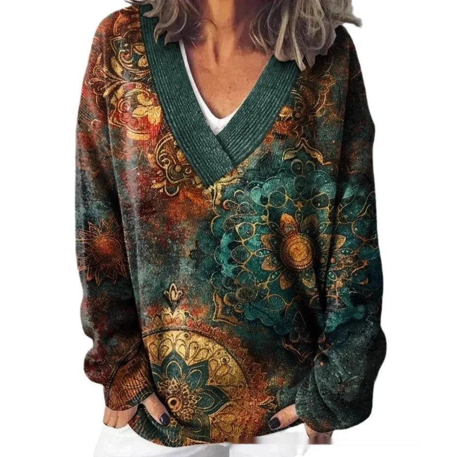 Women's V-neck long sleeve sweatshirt with a detailed 3D floral pattern print in an art retro style.