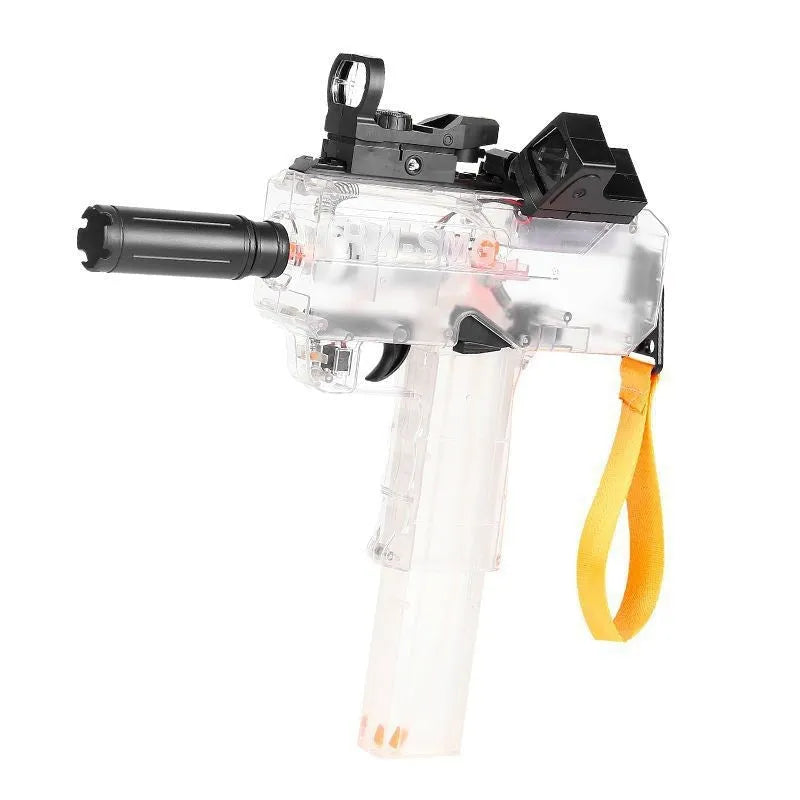 Uzi Electric Burst Water Gun in tan with transparent body, holoscope, and silencer accessories