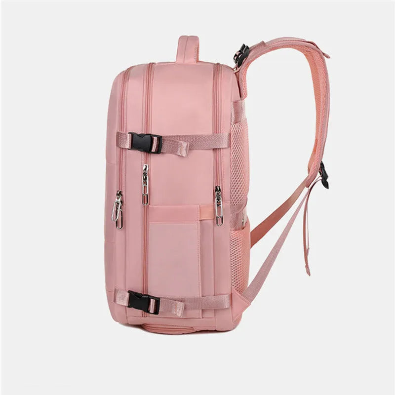 Large grey travel backpack with multiple pockets and an air pillow belt, shown open to reveal internal organisation.