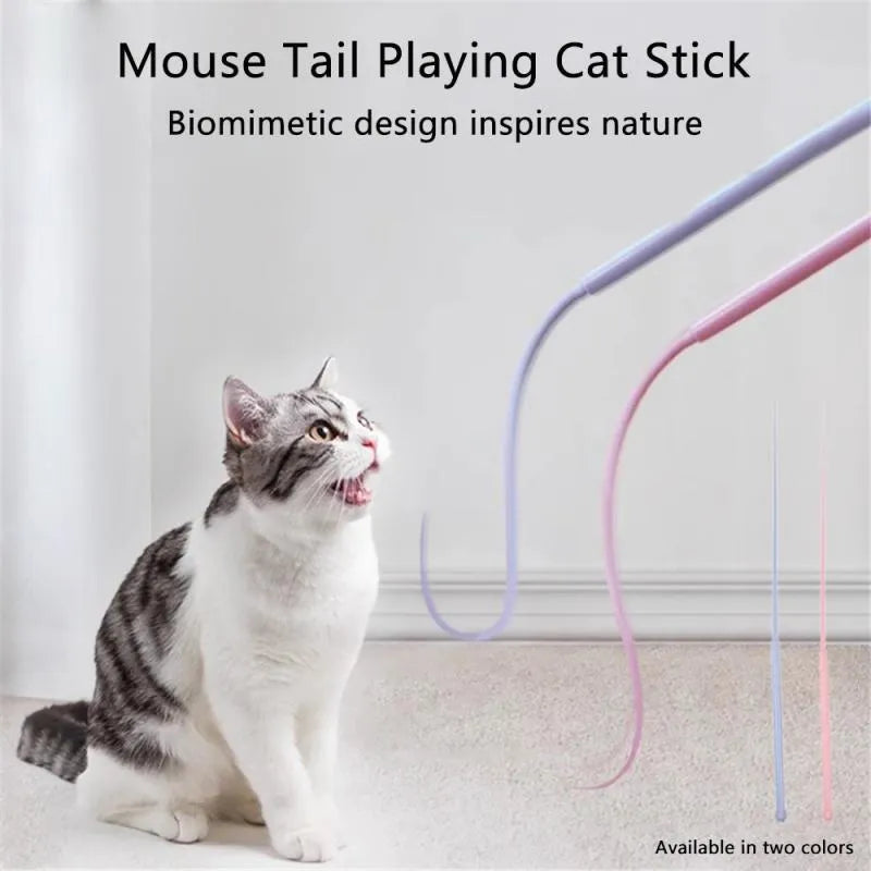 Blue interactive cat teaser stick with silicone mouse tail and cat head handle on a wooden floor.