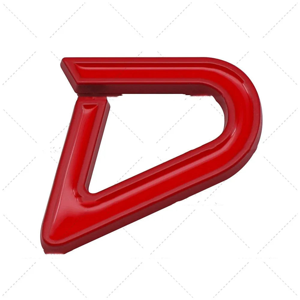 Metal car bumper sticker showing SD geometric pattern in red and silver colours.