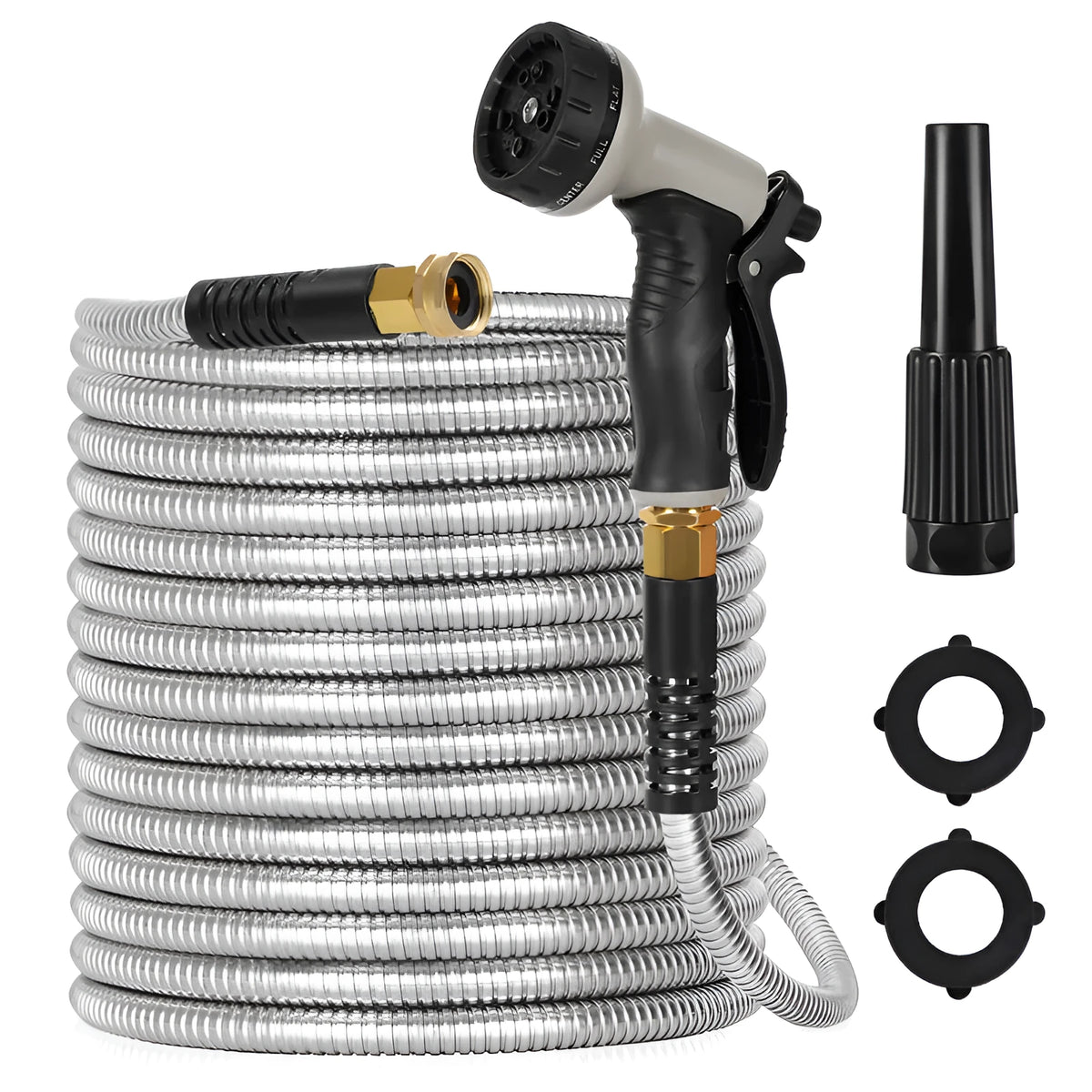 100ft stainless steel metal garden hose with 10-pattern adjustable spray nozzle and 2 nozzles