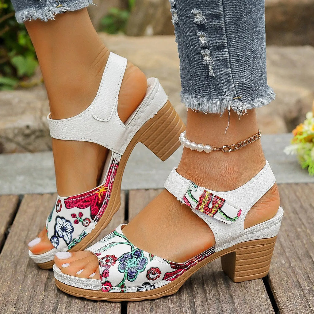 White women's high heel sandals with Velcro buckle fastening and rubber sole