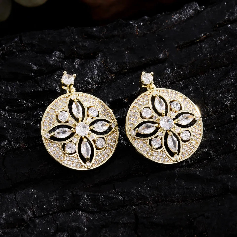 Hollow design zircon disc earrings for women copper electroplated white finish pair