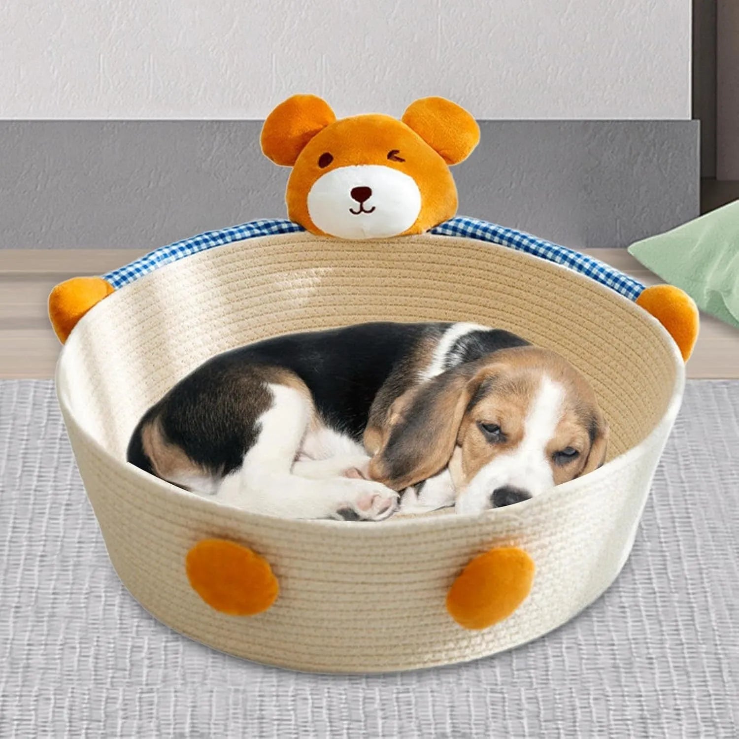 Woven cotton rope cat bed and scratching post in bear design, showing basket shape.