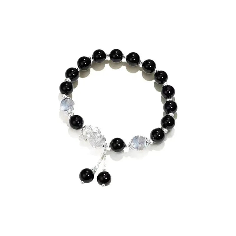 Natural black agate and gray opal couple bracelet with 10mm wave design and manual craftsmanship