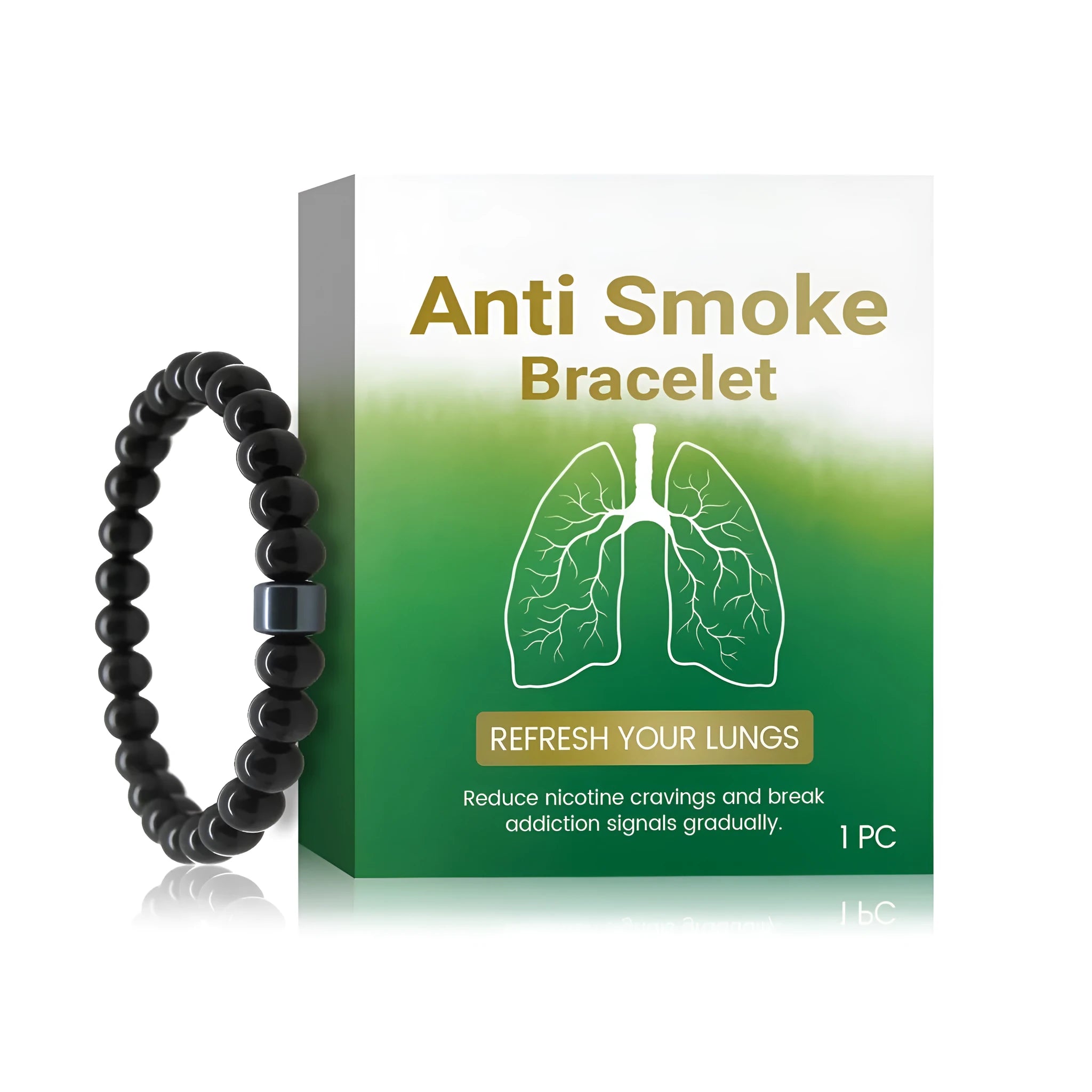 Men's black gallstone and glass smoking prevention bracelet laid flat