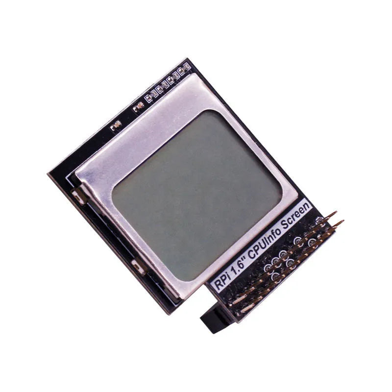 Raspberry Pi 1.6 inch LCD display module showing system information on its screen.