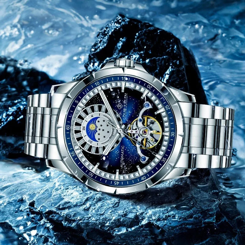 Men's silver waterproof automatic watch with blue dial and stainless steel strap