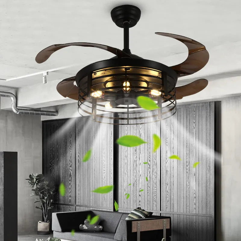 Industrial retro ceiling fan lamp with acrylic blades and integrated light fixture