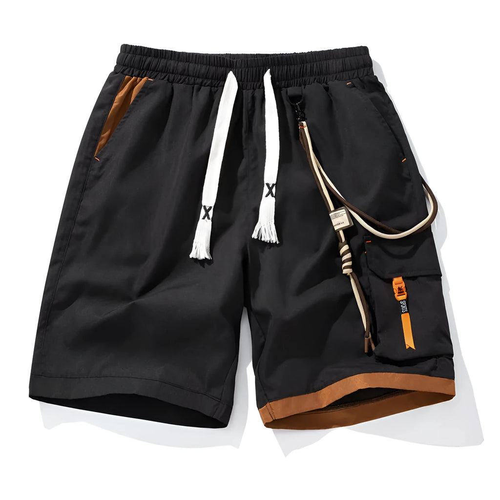 Men's loose fit bamboo fiber sports shorts in black, blue, coffee, and white with high waist and straight leg design