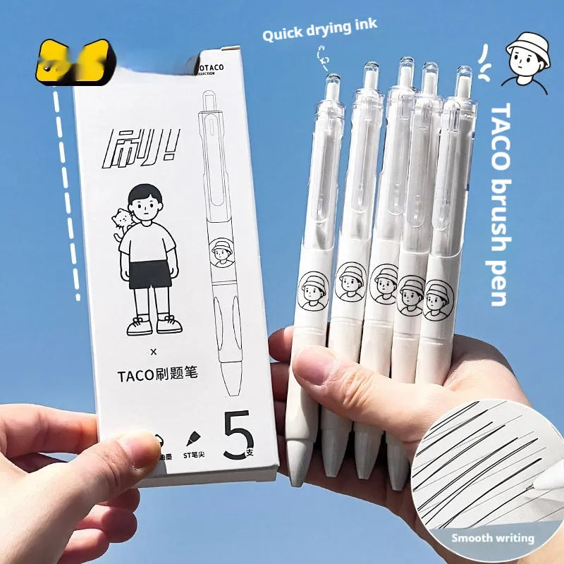 Five white plastic ballpoint pens with 0.5mm black ink refills and press mechanism