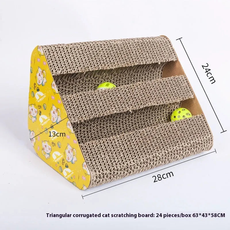 Corrugated paper cat scratch board showing geometric pattern designs including M-type and bone-type shapes