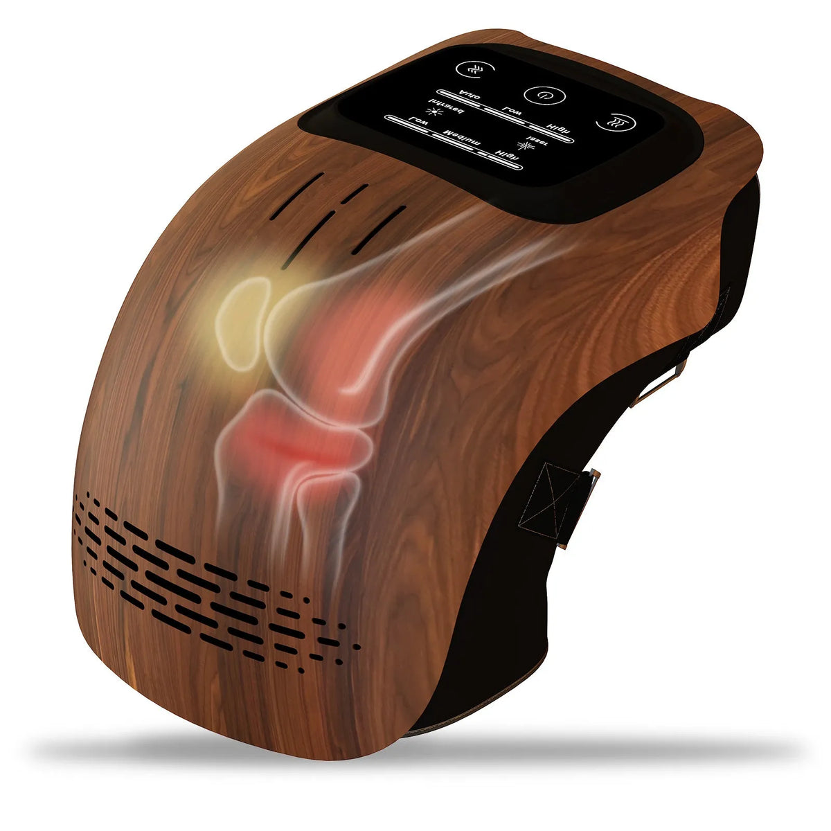 White electric knee massager showing flexible design with control panel and USB charging port