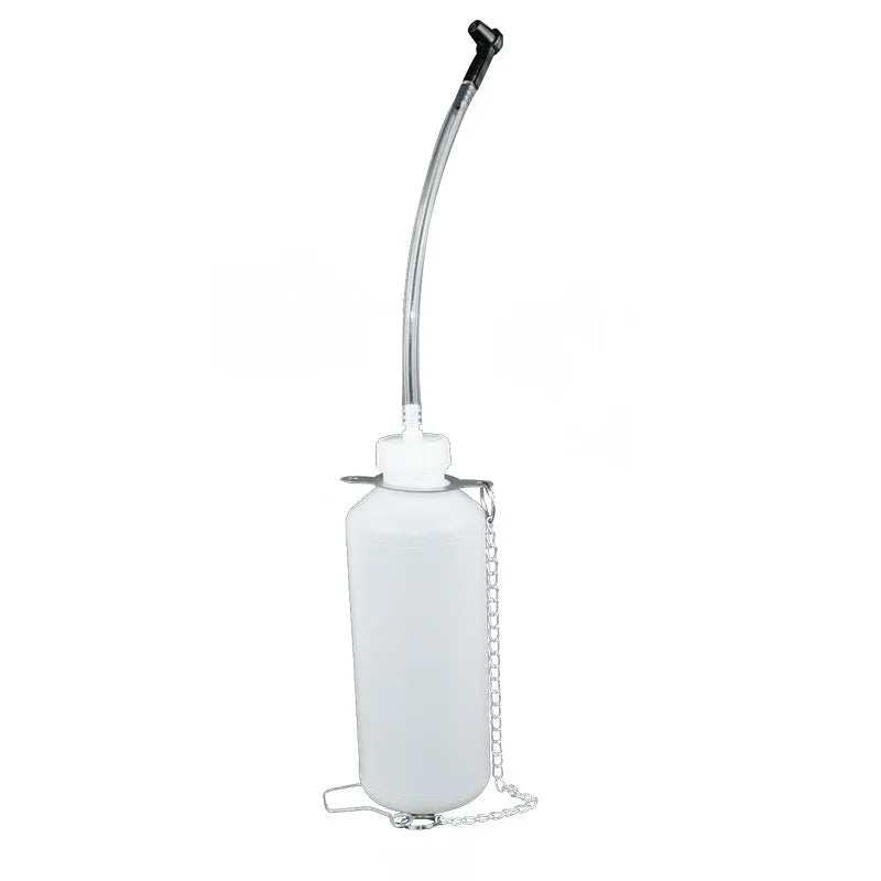 Pneumatic brake fluid replacement machine with pressure gauge, regulator, and transparent drain hose on a 49x30x42cm unit.