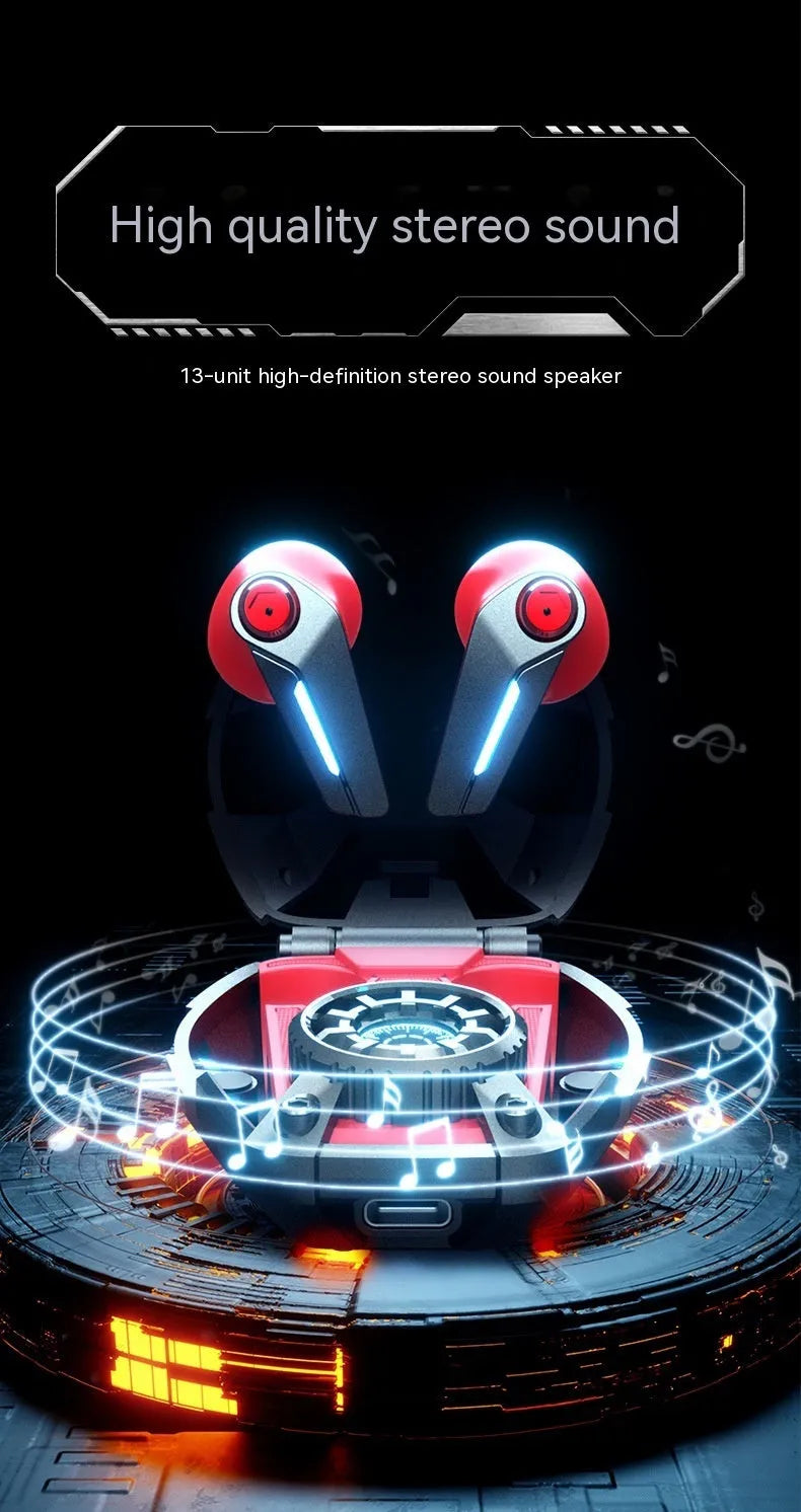 Mecha Wind true wireless Bluetooth headset in orange or red with zinc alloy half in-ear earbuds and 300mAh charging compartment.