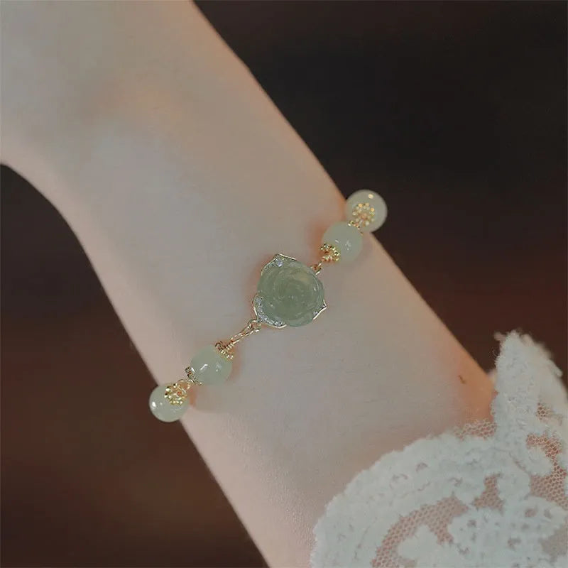 Original design Hetian jade rose women's bracelet with 14K gilded finish and flower shape