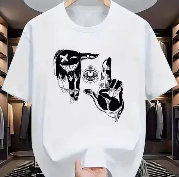 Men's cartoon print short sleeve T-shirt in bird eye cloth showing digital printed pattern detail