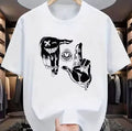 Men's cartoon print short sleeve T-shirt in bird eye cloth showing digital printed pattern detail