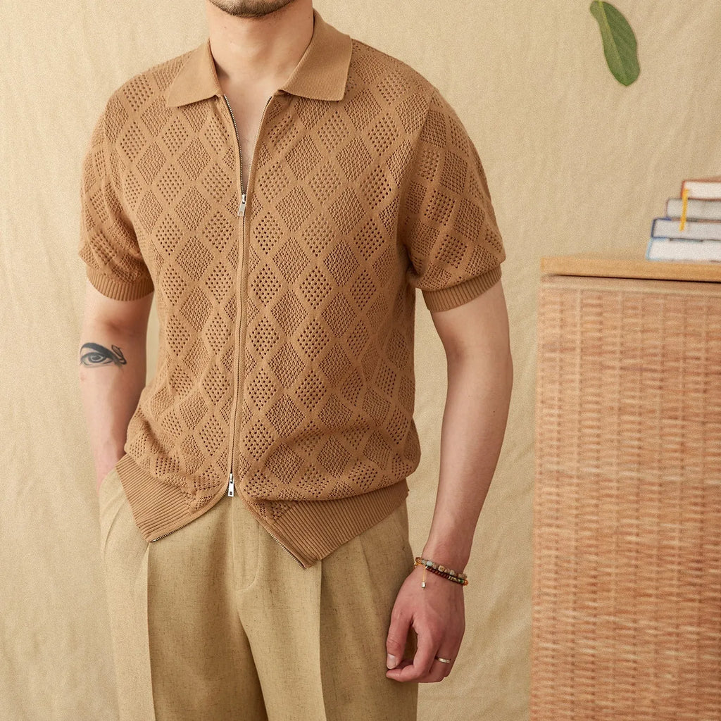 White cotton cardigan with zipper front and lapel collar showing short sleeve design