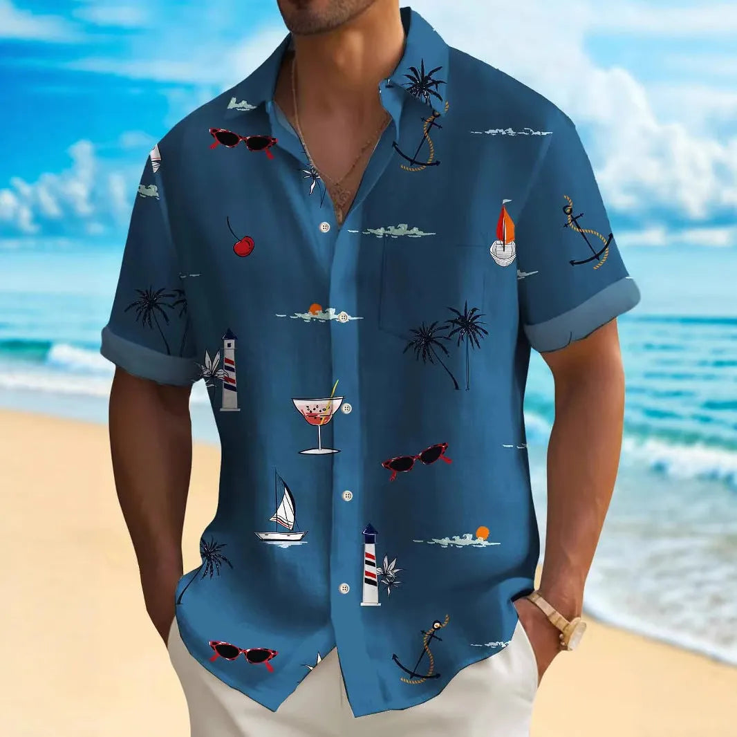 Men's loose fit Hawaiian shirt with digital printed pattern in multiple colour options