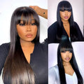 Natural colour human hair wig with straight fringe on a full-mechanism headgear cap.